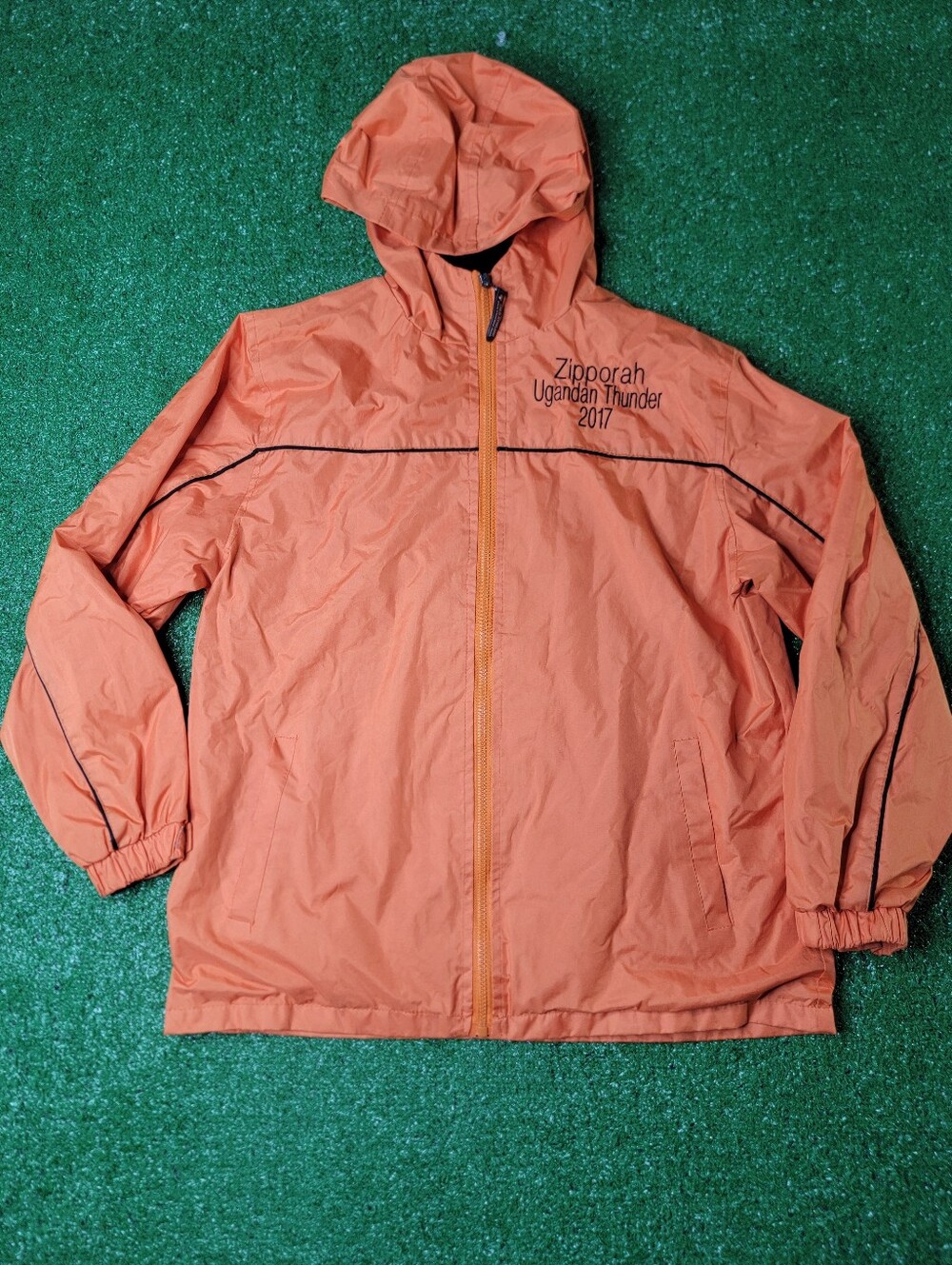 2017 Zipporah Ugandan Thunder Men's Jacket Size Large Orange Black Hood Full Zip